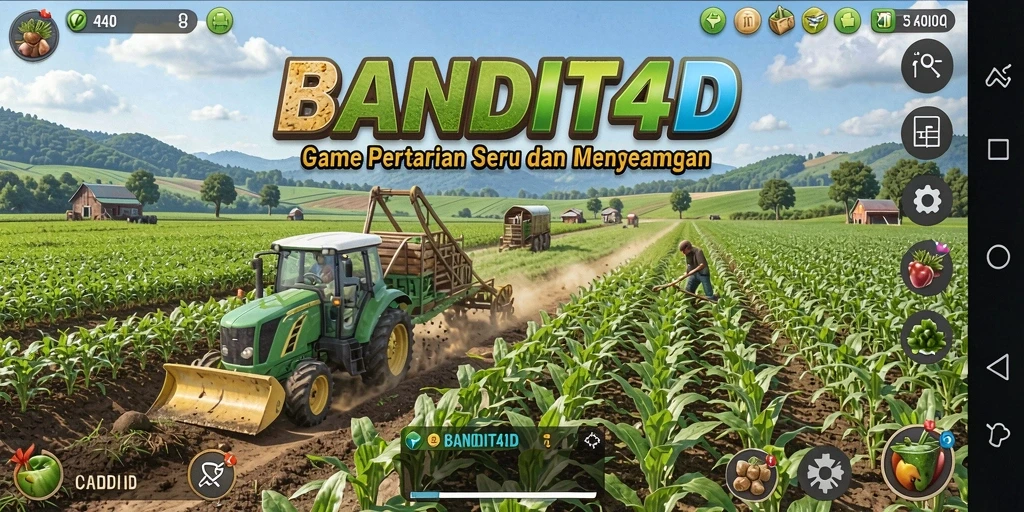 Tampilan gameplay <strong>BANDIT4D</strong> yang menampilkan kebun yang subur dan aktivitas bertani.