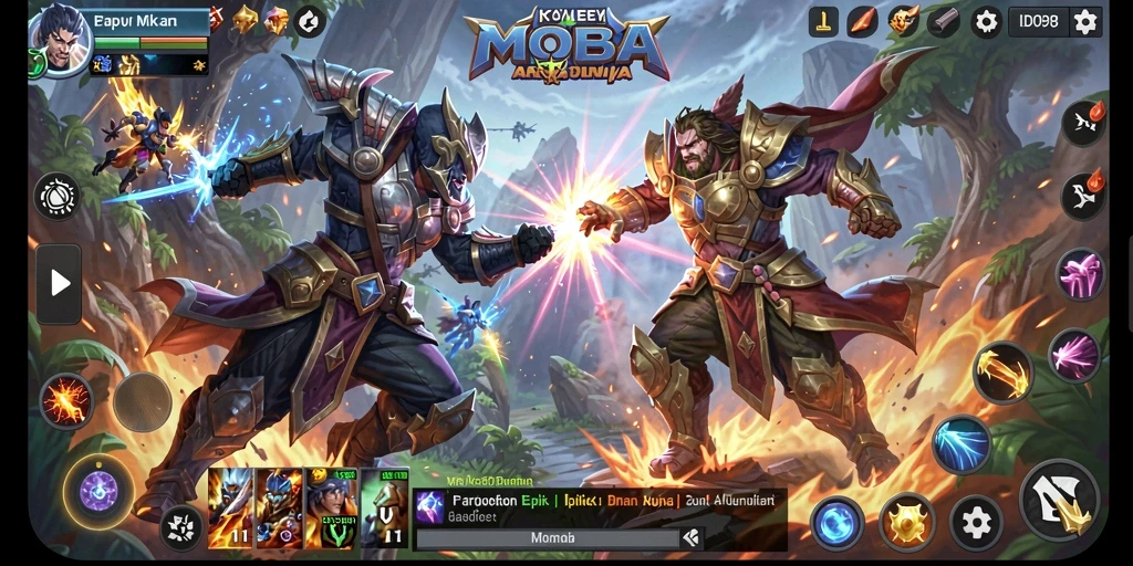 Screenshot gameplay ID098 yang menampilkan aksi epik pertarungan MOBA.