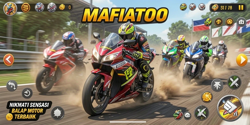 Tampilan gameplay MAFIATOTO yang mendebarkan dengan aksi balap motor yang cepat.