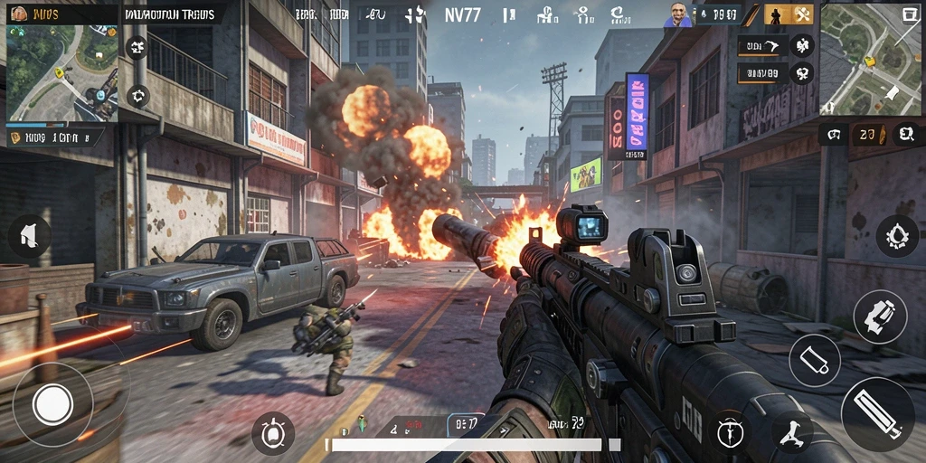Tampilan gameplay seru dari NV77 dengan aksi tembak-menembak.