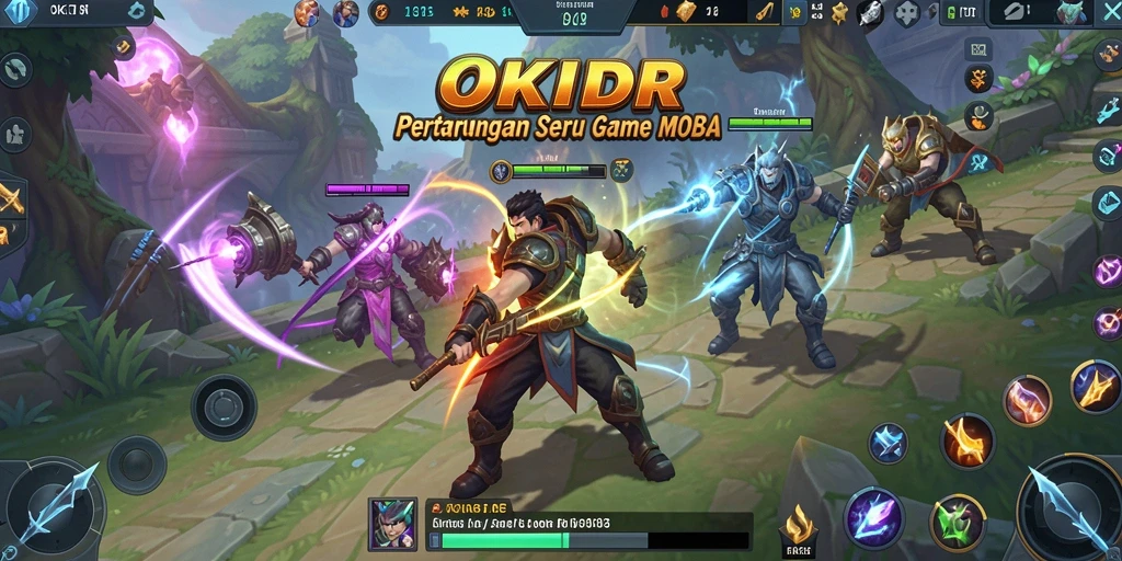 Tampilan gameplay seru dalam pertarungan MOBA di OKIDR.
