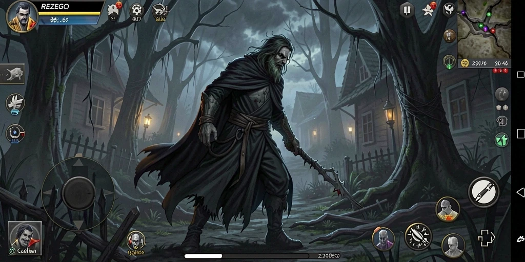 Screenshot utama gameplay REZEGO menampilkan suasana kegelapan yang mencekam.