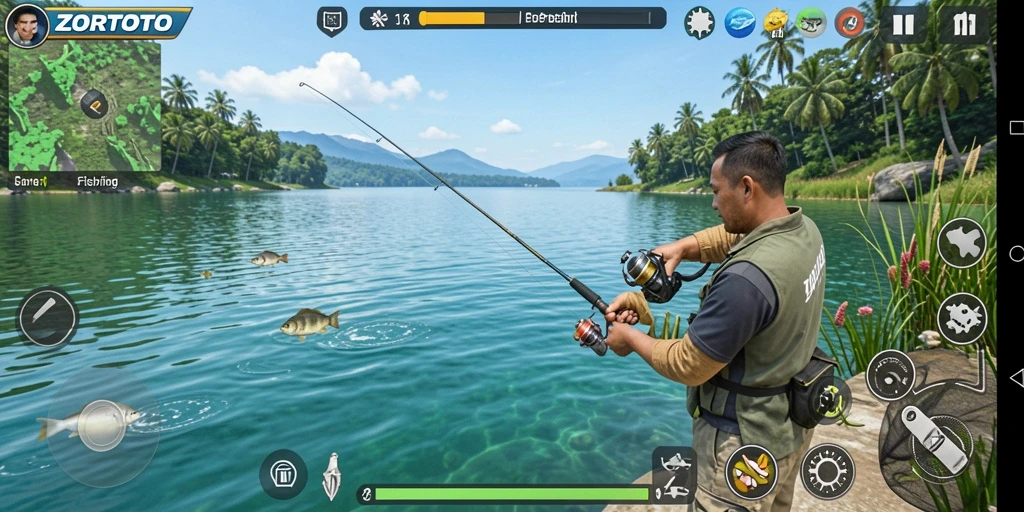 Gameplay menarik dalam ZORTOTO, menunjukkan para pemain yang sedang memancing.